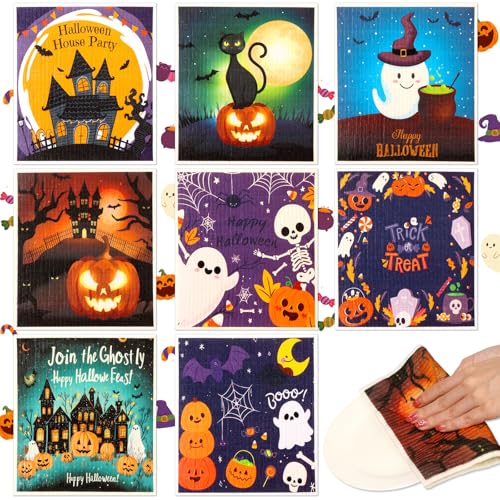Lucomb 8 Pack Halloween Swedish Dishcloths Reusable, Kitchen Sponges Soft Absorbent Dish Towels Swedish Dish Cloths Washable Decorative for Kitchen Washing Dishes Bathroom Office Hand Towel Cleaning - color: 8 Pack-halloween Days