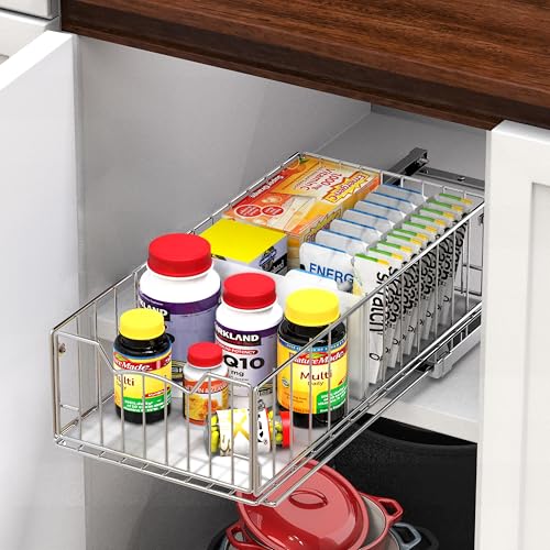 Simple Houseware Pull-Out Cabinet Sliding Basket, 17.2Dx9.7Wx5H, Chrome - color: Chrome