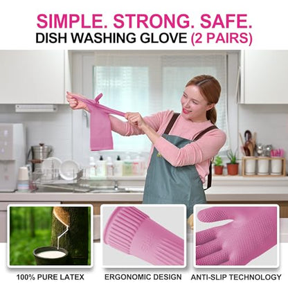 Mamison Rubber Dishwashing Gloves, Non-Slip Kitchen, Pink Large, 2 Pairs - color: Pink, size: Large (Pack of 2)