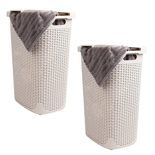 Mind Reader Tall Tapered Laundry Hamper with Lid, 60L Clothes Basket, Narrow Base Design for Bathrooms, Closets and Laundry Rooms, Plastic, 2 Pack, Ivory - color: Ivory, size: 2-Pack