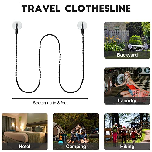 2 Pieces Travel Clothesline Portable Retractable Clothesline with Hooks and Suction Cups Camping Accessories Cruise Essentials for Outdoor and Indoor Use (Black) - style: Black