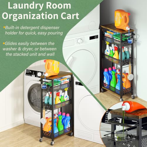 OKZEST Slim Laundry Room Organization Cart with Detergent Dispenser Holder - color: Black, size: 4-Tier (with Detergent Dispenser Holder)