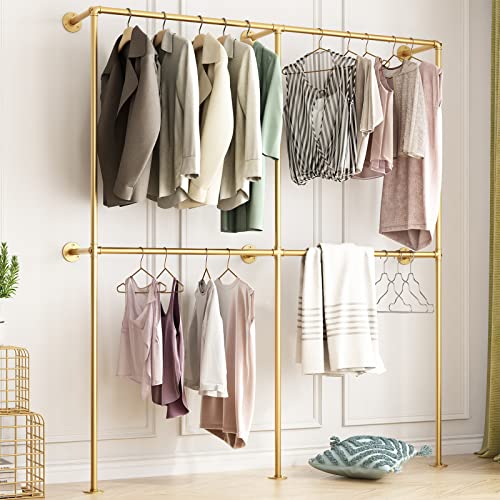 Industrial Pipe Clothing Rack Wall Mounted,Clothes Racks with Double Hanging Rods for Closet Storage(Gold) - size: 71"L-Gold