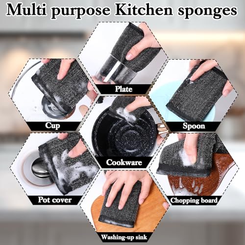 6 Pack Steel Wool Scrubber Sponges, Heavy Duty Stainless Steel Scouring Pads Reusable Non Scratch Metal Sponges Hand-Friendly Kitchen Cleaning Tool for Pots and Pans Tough Grease & Grime (Black) - color: Black