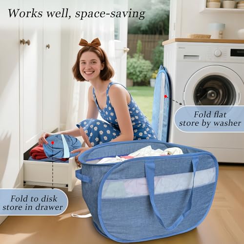 100L Mesh Pop Up Laundry Hampers with Handles, Extra Large Collapsible Laundry Baskets 2 Pack, Portable Travel Laundry Basket, Dirty Clothes Hamper Light Breathable, Bule. 2H - color: Green & Green
