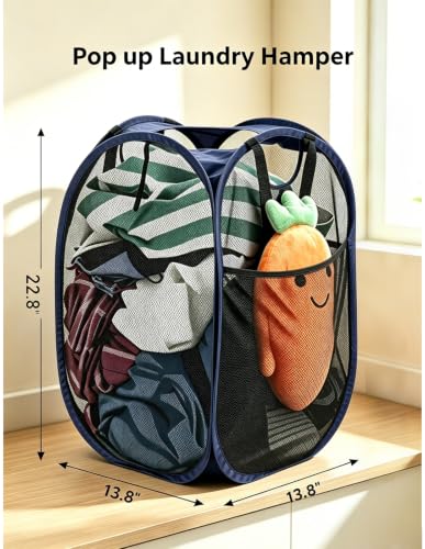 HOUSE AGAIN 2Pack Strong Mesh Pop Up Laundry Hamper, 70L Collapsible Laundry Basket with Steel Frame, Double‑Stitched Handles & Side Pocket, Foldable Dirty Clothes Hamper for Dorm, Bedroom, Blue - color: Blue, size: 2-Pack