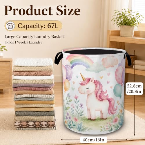 Pastel Unicorn Rainbow Large Laundry Hamper, Collapsible Oxford Clothes Basket with Handles, Freestanding Dirty Clothes Organizer for Bedroom Bathroom Dorm Laundry Room, 16 x 20.8 Inch - color: Pastel Unicorn Rainbow