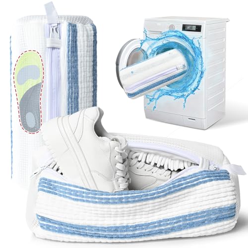 Anybar Shoe Washing Machine Bag Sneaker Laundry Bags Cleaning Shoes- for Washer and Dryer Microfiber Sneakers Shoe Wash Bag with Self Locking Zipper 2PCS Reusable Cleaner Bags (Blue White) - color: Blue White