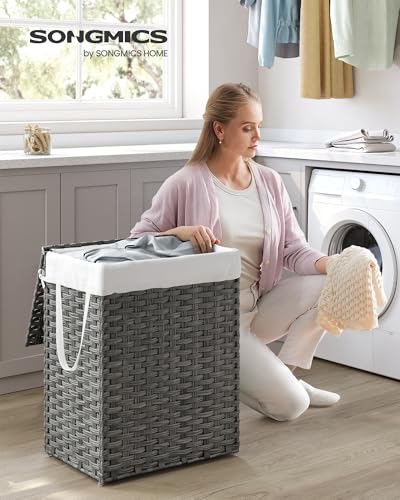 SONGMICS Laundry Hamper with Lid, 23.8 Gal (90 L) Synthetic Rattan,Foldable - color: Dove Gray, size: 90 L