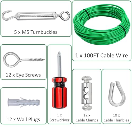 Elsjoy 100FT Cable Wire Turnbuckle Kit, 1/8" Green PVC Coated Wire Rope M5 Turnbuckle Tensioner Kit, Stainless Steel Outdoor Hanging Cable for Grape Vine, Clothes Line, Garden