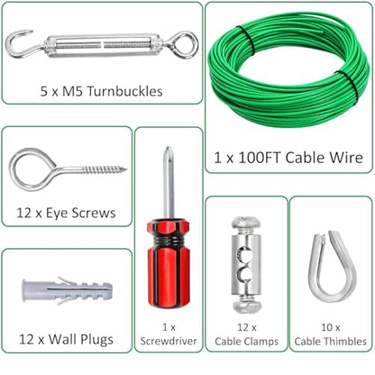 Elsjoy 100FT Cable Wire Turnbuckle Kit, 1/8" Green PVC Coated Wire Rope M5 Turnbuckle Tensioner Kit, Stainless Steel Outdoor Hanging Cable for Grape Vine, Clothes Line, Garden