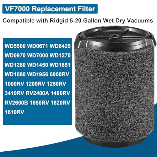2 Pack VF7000 Replacement Filter for Ridgid Shop Vac, Compatible with Ridgid 5-20 Gallon and Husky 6-9 Gallon Wet/Dry Vacuum Cleaners Replacement Filters, Foam Wet Application Filter