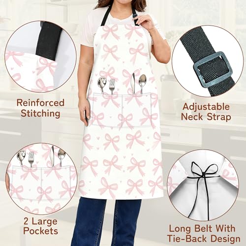 Cooking Aprons for Men and Women,Adjustable Bib Chef Apron with 2 Pockets, Soft and Durability Kitchen Apron - color: Cute Pink Bow Heart