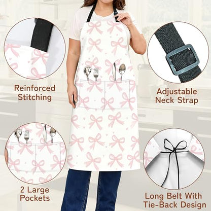 Cooking Aprons for Men and Women,Adjustable Bib Chef Apron with 2 Pockets, Soft and Durability Kitchen Apron - color: Cute Pink Bow Heart