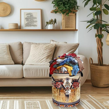 Longhorn Cattle Laundry Basket Oxford Cloth Foldable Hamper 18.9x16.5 Inch - color: Boho Longhorn Cattle Skull Tribal