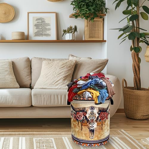 Longhorn Cattle Laundry Basket Oxford Cloth Foldable Hamper 18.9x16.5 Inch - color: Boho Longhorn Cattle Skull Tribal
