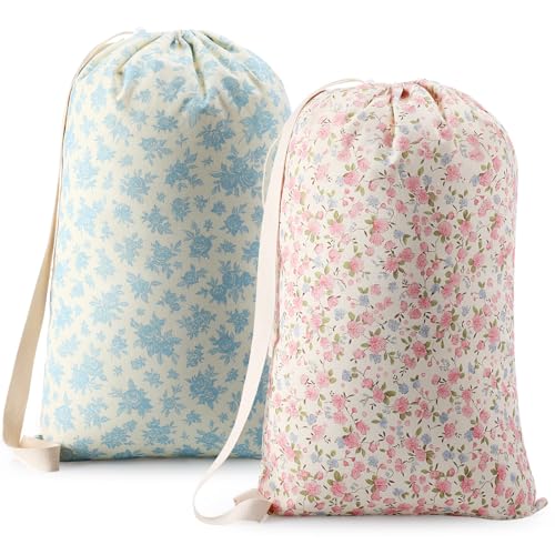 Satinior 2 Pcs Floral Laundry Bag Backpack for Dorm Travel 29" x 18" Canvas - style: Floral