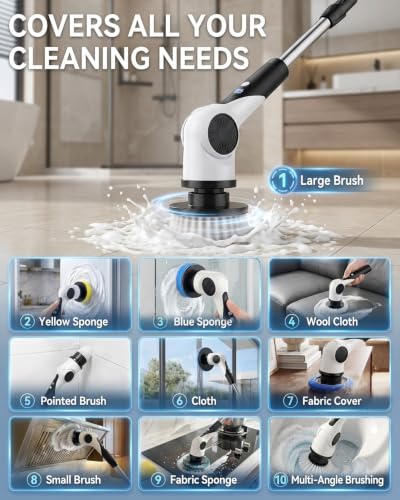 Electric Spin Scrubber, 3-Speed Shower Scrubber with Long Handle & 10 Replaceable Brush Heads, Cordless Shower Cleaner Brush with 90 Mins Runtime & Full-Body IPX7 Waterproof for Bathroom Kitchen