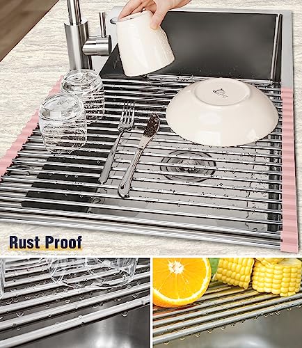 Tomorotec Roll Up Dish Drying Rack Over Sink, 304 Steel, 17.7x15.5, Pink - color: Pink, size: 17.7 x 15.5 in