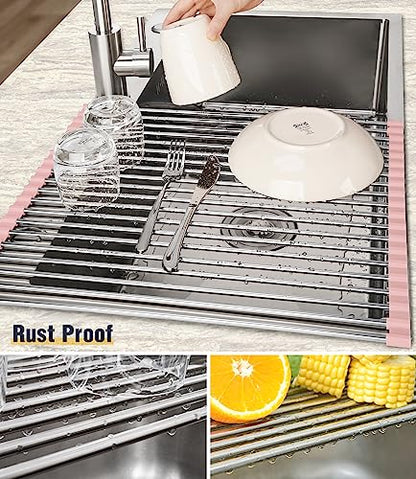 Tomorotec Roll Up Dish Drying Rack Over Sink, 304 Steel, 17.7x15.5, Pink - color: Pink, size: 17.7 x 15.5 in