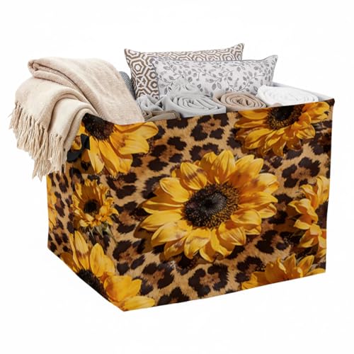 Leopard Print Sunflower Foldable Laundry Basket Hamper with Handles, 56L Large Capacity Toy Storage Organizer, Collapsible Clothes Hamper for Home Decor and Bedroom Organization. - color: Leopard Print Sunflower