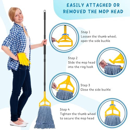Commercial Mop for Floor Cleaning, 59'' Heavy Duty Industrial Mops with Long Handle, Cotton String Wet Mop for Garage, Office, Warehouse, Home, Workshop (2 Mops Head) - size: 59in