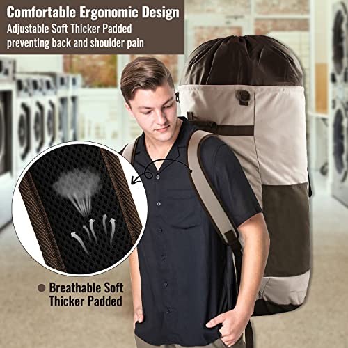 Laundry Bag Backpack 125L Extra Large, Heavy Duty 900D Coated Oxford Fabric, 3 Pockets Durable Travel Laundry Bags with Soft Padded Shoulder Straps for College Dorm, Apartment, Laundromat (Khaki) - color: Khaki