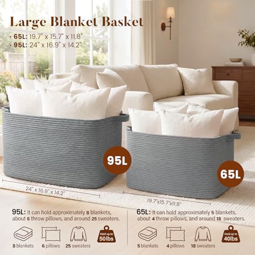 65L Large Woven Blanket Basket for Living Room, 19.7"x15.7"x11.8" - color: Light Grey, size: 24"x16.9"x14.2"