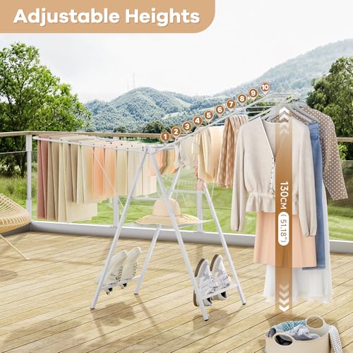 APEXCHASER 6 Height Adjustable Clothes Drying Rack with Shoe Slots, White - color: White