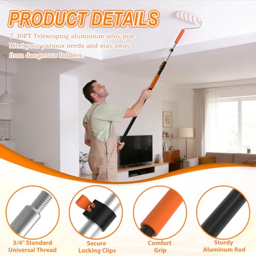 SISUPASSIE Telescoping Extension Pole, Reach to 36FT Telescoping Pole Multi-Purpose 7-30FT Lightweight, Sturdy with Universal Twist-on Metal Tip Extendable for Dusting Painting Window Cleaning - size: 30 Feet