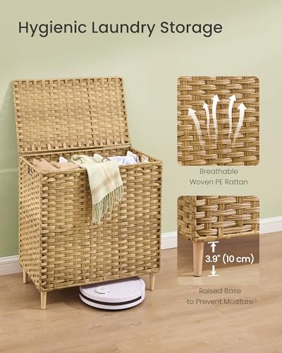 SONGMICS 3-Section Laundry Hamper with Lid, PE Rattan, 42 Gallons (160 L) - color: Goose Yellow, size: 160 L (3 Basket)