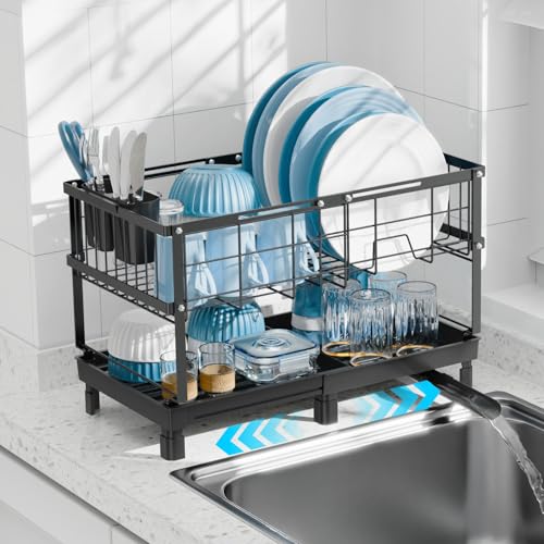 GSlife Large 2 Tier Dish Drying Rack - Expandable for Kitchen Counter Black - color: Black, size: Standard 12.2" Width