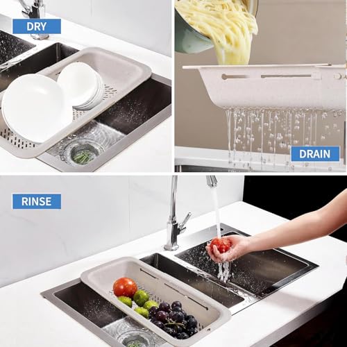 LASSHSWA Collapsible Colander for Kitchen, Over the Sink Strainer Basket for Kitchen, Fruit Pasta Food Strainer Expandable Plastic Colander BPA Free (Straw) - color: Straw