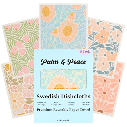 Palm & Peace Swedish Dishcloths for Kitchen - 5 Pack - Reusable Paper Towels - Super Absorbent, Non-Scratch, Washable, Sustainable, 100% Compostable Cleaning Cloths (Groovy Blooms) - color: Groovy Blooms