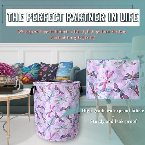 Watercolor Dragonfly Laundry Basket Oxford Cloth Foldable Hamper18.9x16.5In - color: Pink Wtercolor Dragonfly