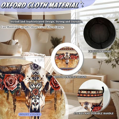 Longhorn Cattle Laundry Basket Oxford Cloth Foldable Hamper 18.9x16.5 Inch - color: Boho Longhorn Cattle Skull Tribal