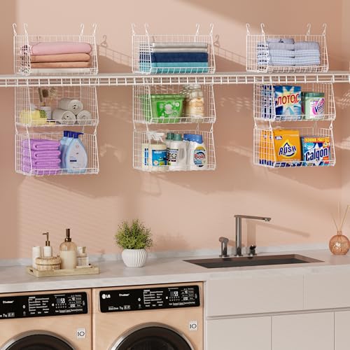 3-Tier Hanging Laundry Basket Organizer：Foldable Wire Shelf Laundry Room Organizer with 360°Rotating Hooks Small Space Solutions Closet Hanging Organizer - Laundry Organization, White Patent - color: White, size: 3-Pack-11"D x 13.7"W x 29.72"H