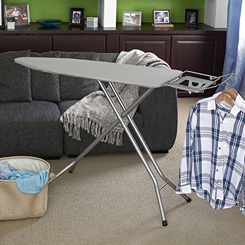 Household Essentials Wide Top Ironing Board with 4‑Leg Steel Frame, Fixed Iron Rest, Silicone‑Coated Cotton Cover, Grey - color: Grey/Silver, size: 49" L, style: With iron station