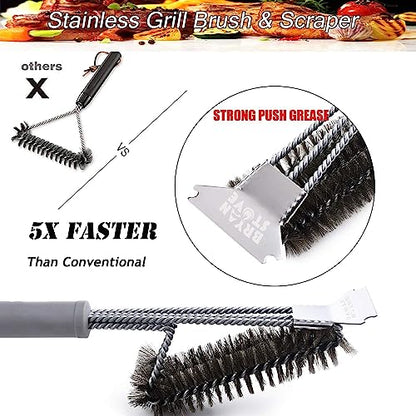 Grill Brush and Scraper-Best BBQ Brush for Grill Outdoor, 18" Stainless Steel with Wire Bristles 3 in 1 Bristles Grill Cleaning Brush - Gifts for Grilling Enthusiasts & Men Dad - color: Gray