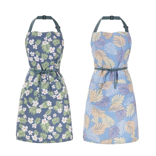2 Pack Floral Apron for Women with Pockets, Adjustable Cotton Chef Aprons for Kitchen, Cooking, BBQ & Grill - color: Silver/Pine