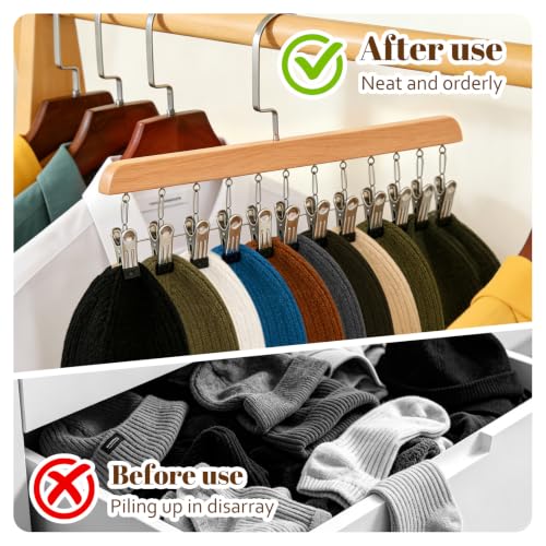 1Pack Space Saving Hanging Clothes Organizer, Wooden Pants Hanger 12-Clip - color: Natural