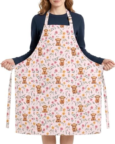 Women Apron, Cute Kitchen Aprons for Women, Girls - color: Pink Flower Cow