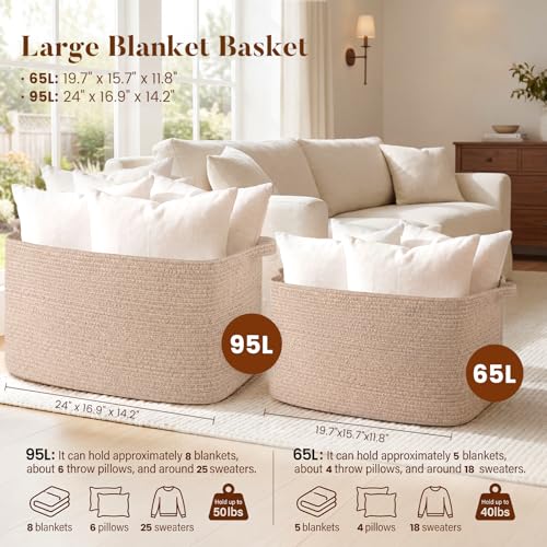 65L Large Woven Blanket Basket for Living Room, 19.7"x15.7"x11.8" - color: Brown, size: 19.7"x15.7"x11.8"