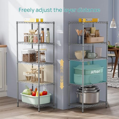SINGAYE 5 Metal Shelves Wire Shelving Storage Shelf Adjustable Unit Pantry - color: Grey, size: 5 Tier 14"Dx24"Wx59.5"H