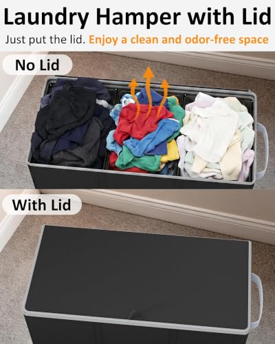 Optish 180L Laundry Hamper 3 Section, Large Hamper with Mesh Bags & Lid - color: Black