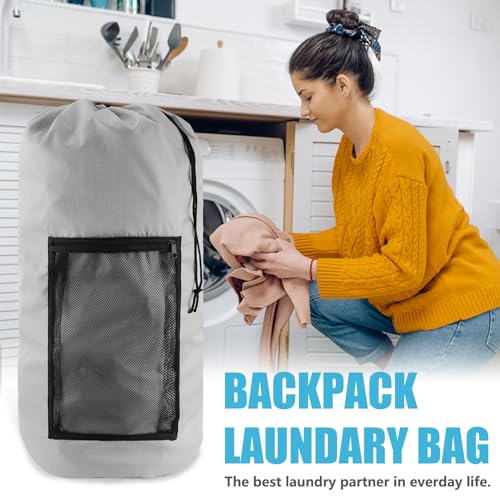 Olosar Laundry Bag Backpack, Extra Large Travel Laundry Bag with Mesh Pocket & Adjustable Shoulder Straps,Dirty Clothes Travel Bag for College Students Dorm,Apartment(Light Gray) - color: Light Gray, size: 1Pack