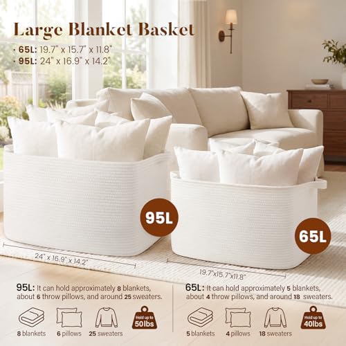 65L Large Woven Blanket Basket for Living Room, 19.7"x15.7"x11.8" - color: White, size: 24"x16.9"x14.2"