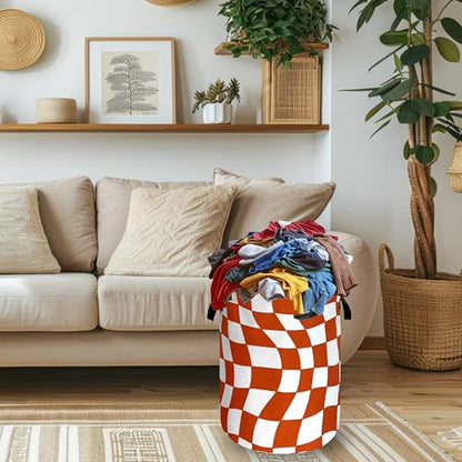 Orange Checkerboard Laundry Basket Oxford Cloth Foldable Hamper 18.9x16.5In - color: Orange Checkerboard Pattern