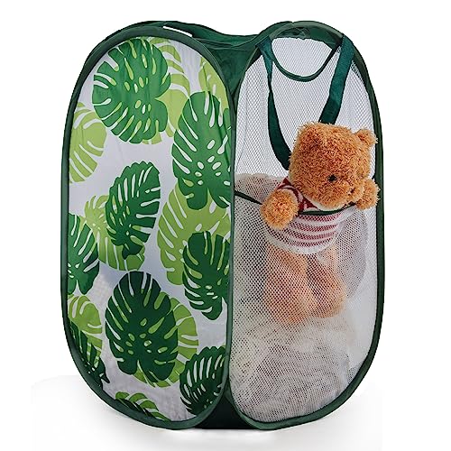 TECHMILLY Collapsible Mesh Pop Up Laundry Hamper with Sturdy Handles and Side Pocket - Portable Foldable Clothes Baskets for Dorm, Bathroom & Travel Storage (Green Leaf) - color: Green Leaf, size: 1 Pack