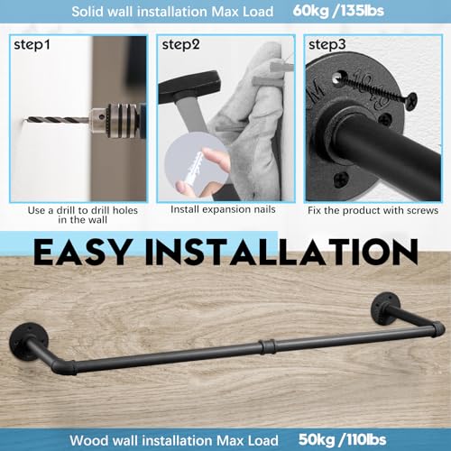 Industrial Pipe Clothes Rack Wall Mounted Clothing Rack Set of 2,38.2 Inches Heavy Duty Iron Garment Rail,Space-Saving Hanging Rod for Laundry Room,Bedroom,Closet Storage - size: 38.2 Inches